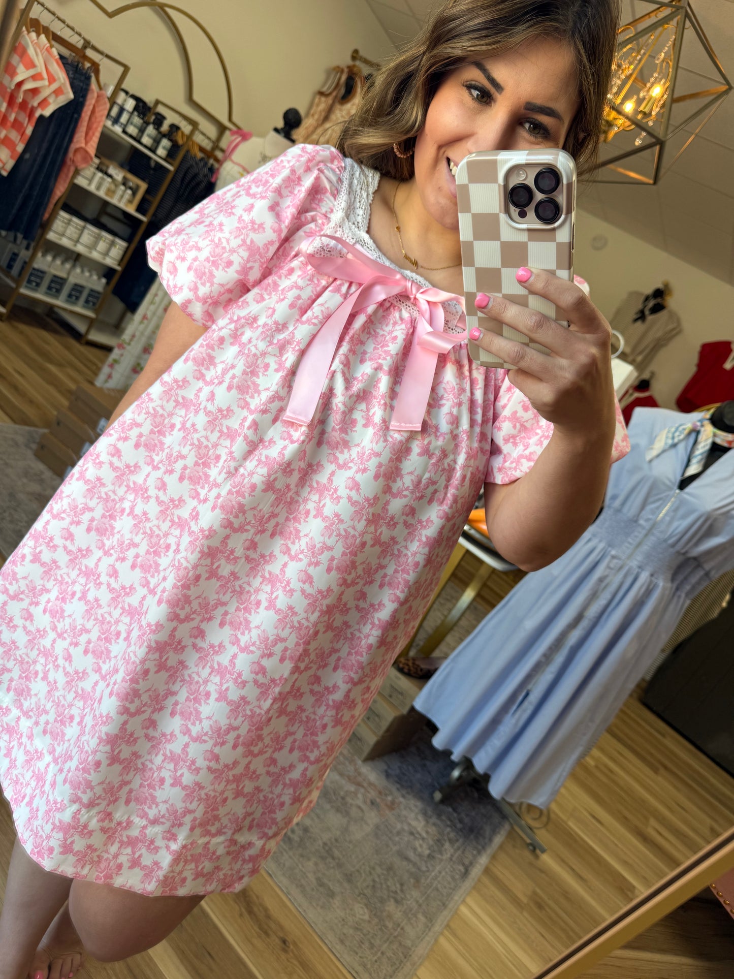Pink Floral Satin Bow Dress
