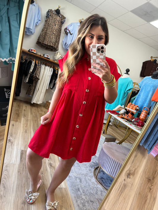 Red Pocket Button Dress