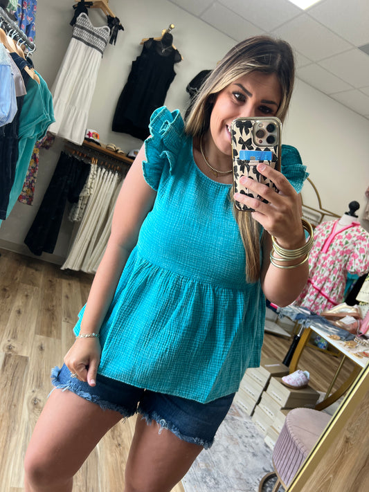 Teal Gauze Flutter Sleeve Top