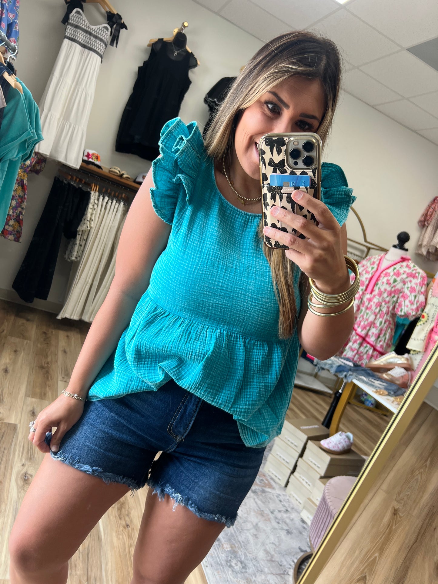 Teal Gauze Flutter Sleeve Top