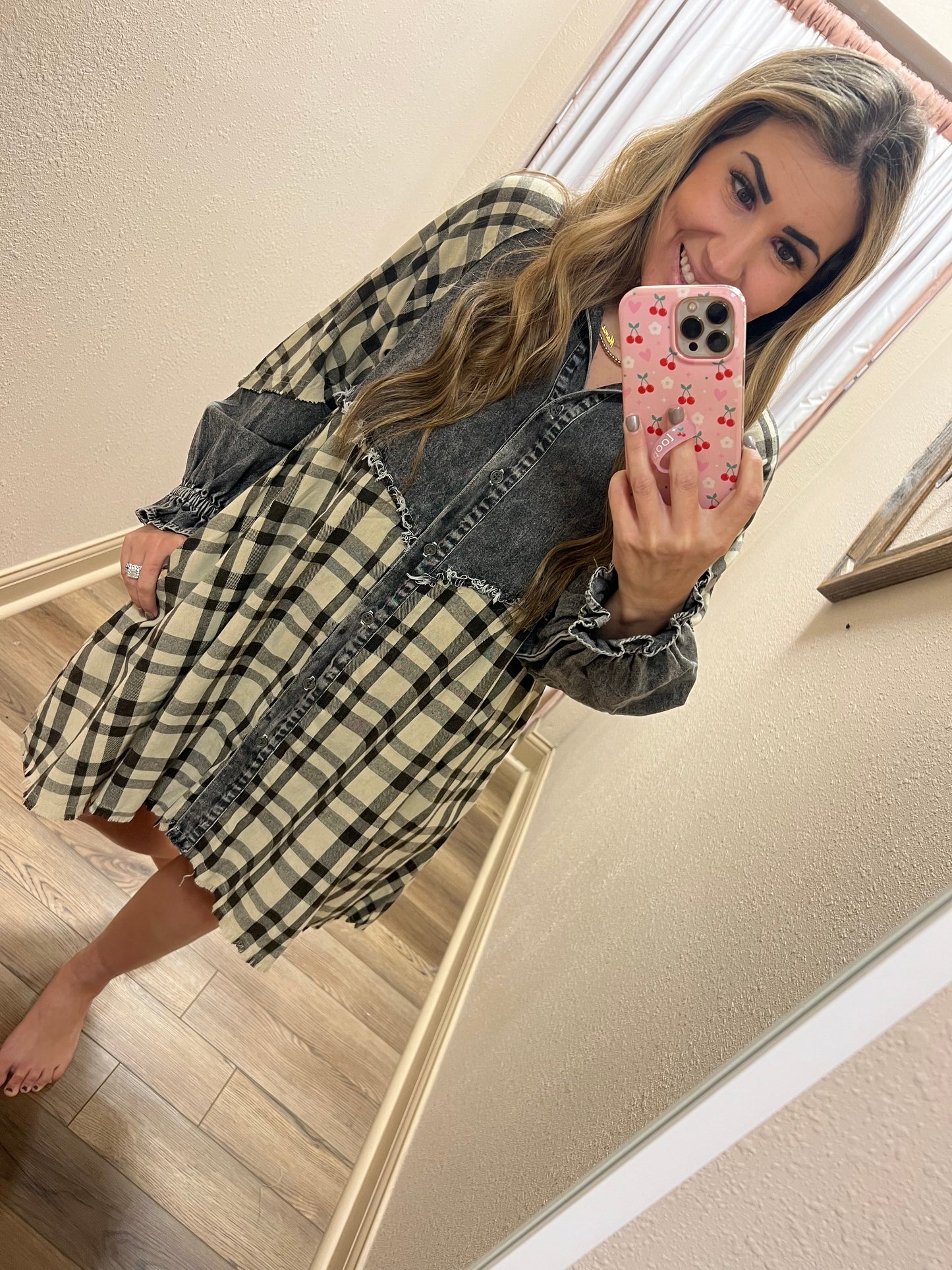 Black/Cream Plaid Denim Dress