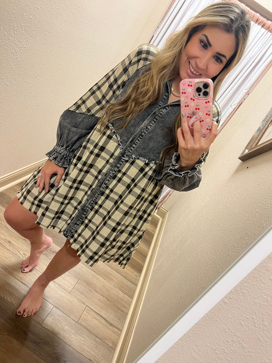 Black/Cream Plaid Denim Dress