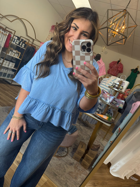 Blue Acid Wash Ruffle Top