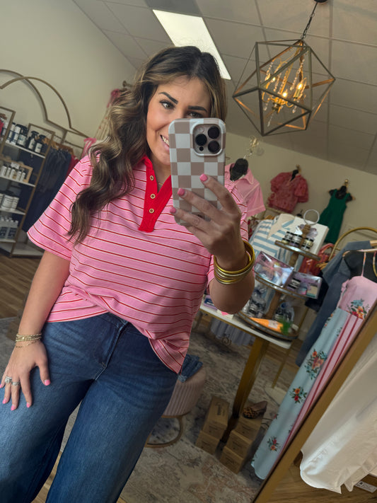 Pink/Red Stripe Collar Top