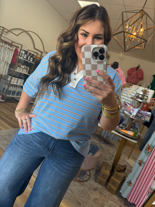 Blue/Brown Stripe Collar Top