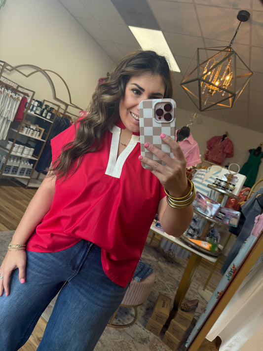 Red/Cream V-Neck Top