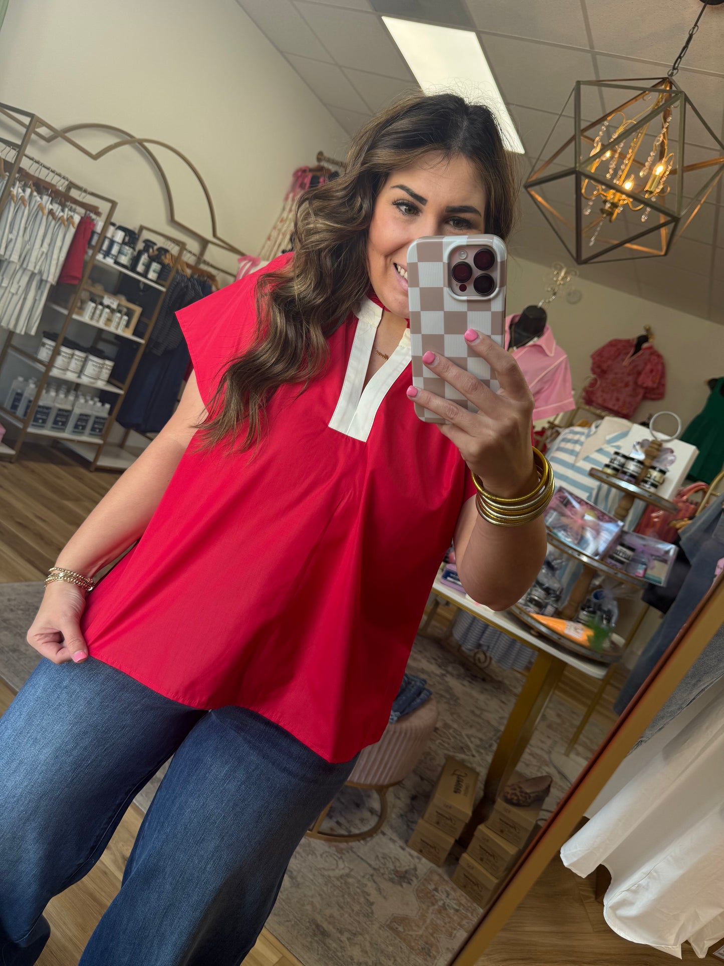 Red/Cream V-Neck Top