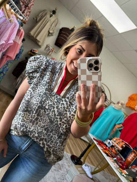Leopard Denim Red Stripe Top