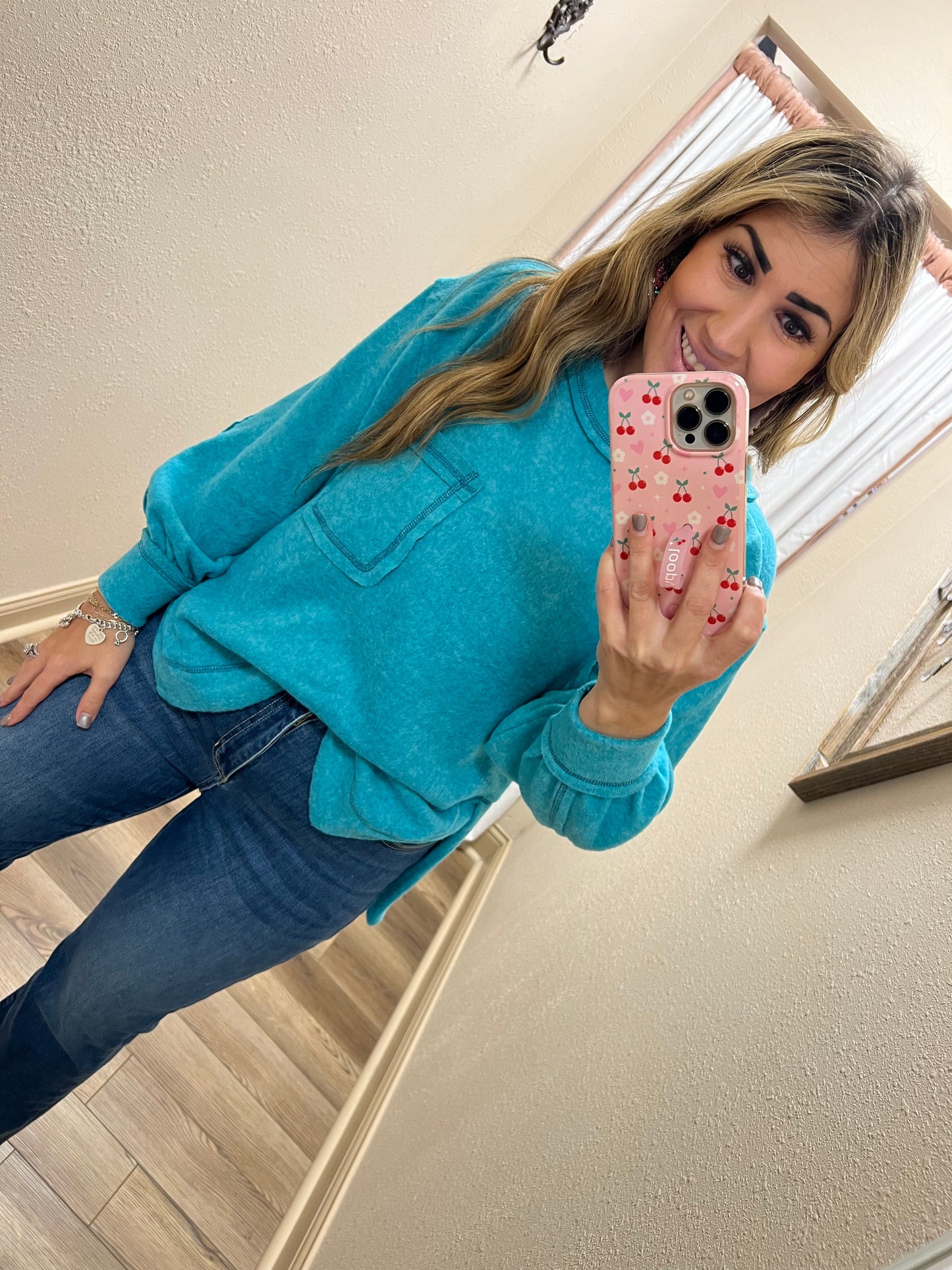 Turquoise Pocket LS Top