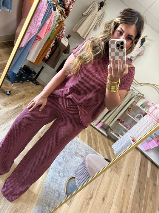 Maroon Ribbed Pant Set