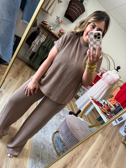 Mocha Ribbed Pant Set