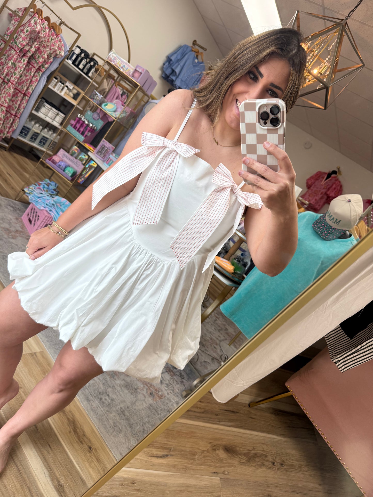 White Dress W/ Stripe Bows