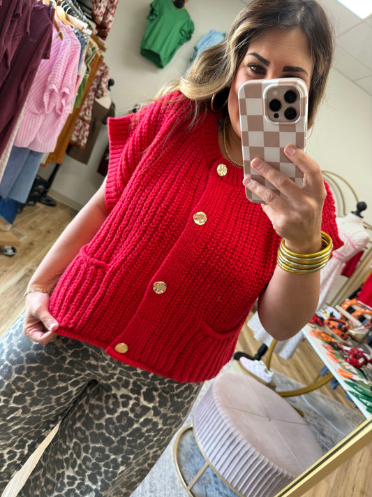 Red Gold Button Sweater