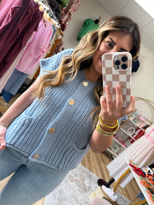 Dusty Blue Gold Button Sweater