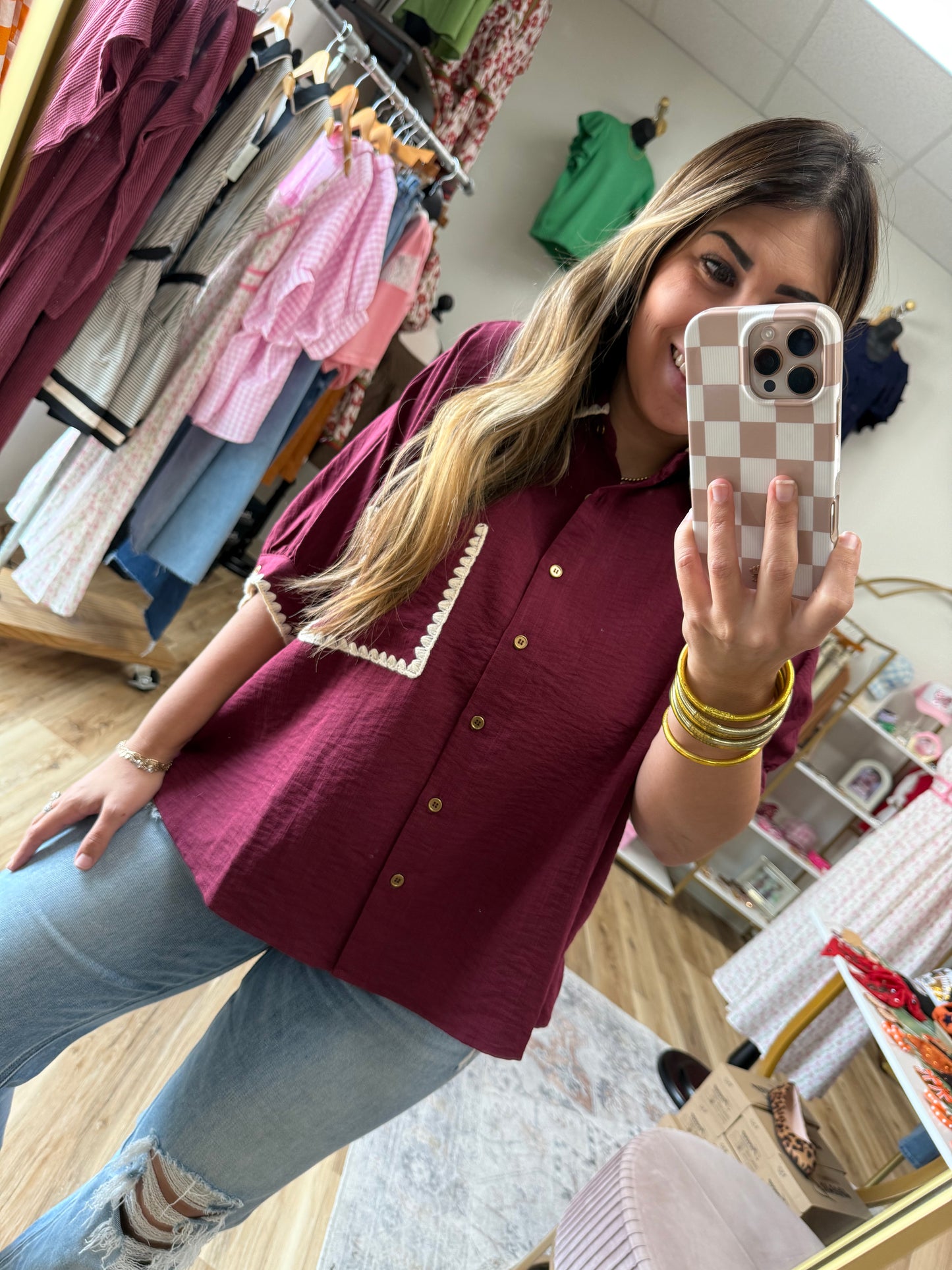 Maroon/Cream Scallop Trim Top