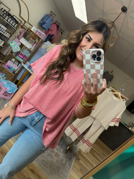 Red Ribbed Pocket Top