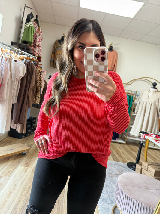 Red Ribbed Long Sleeve