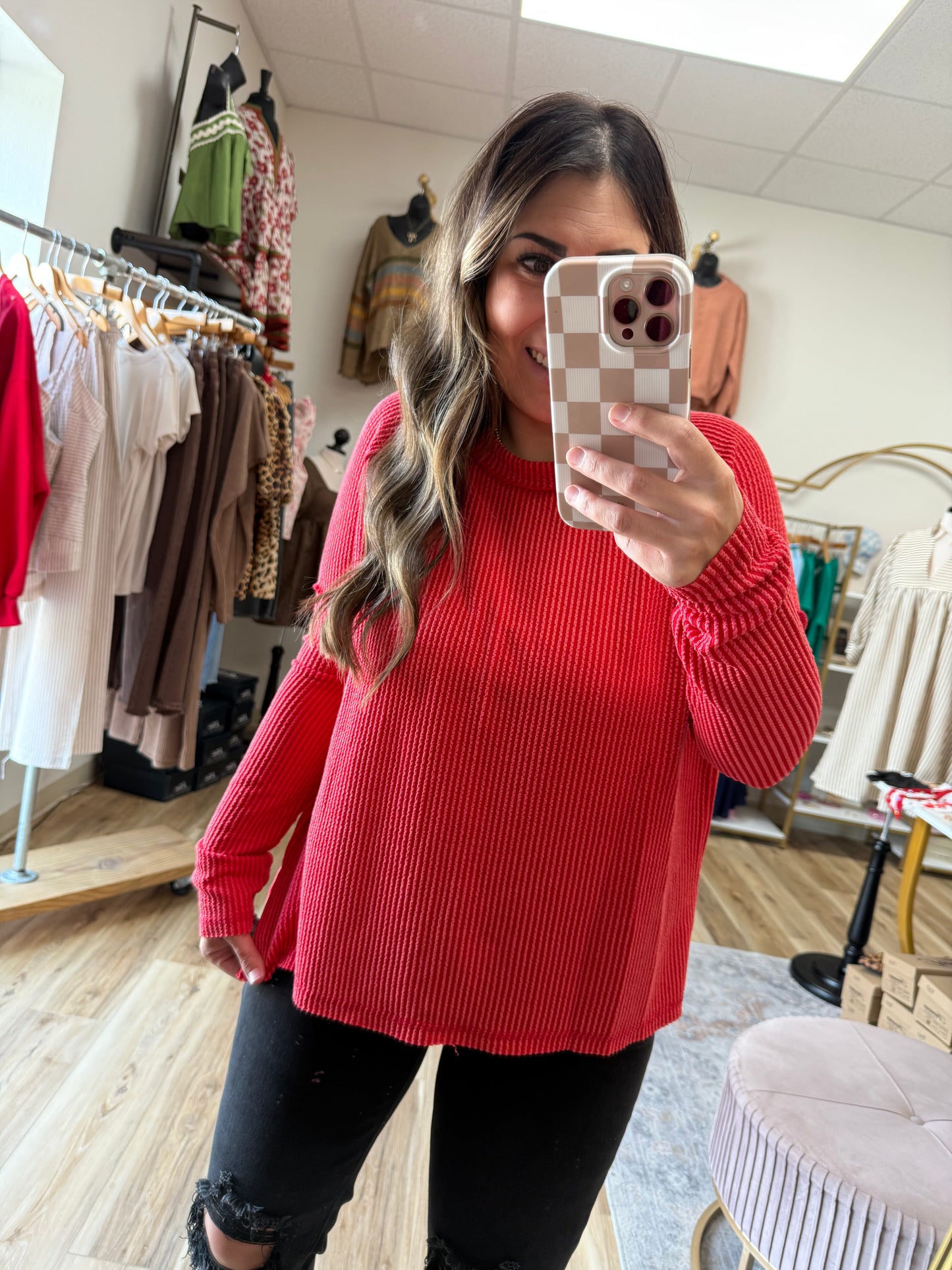 Red Ribbed Long Sleeve