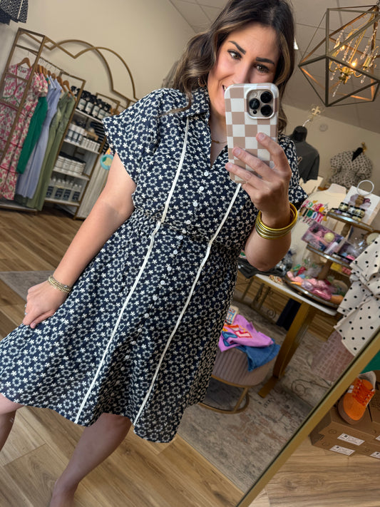 Navy/Cream Embroidered Dress