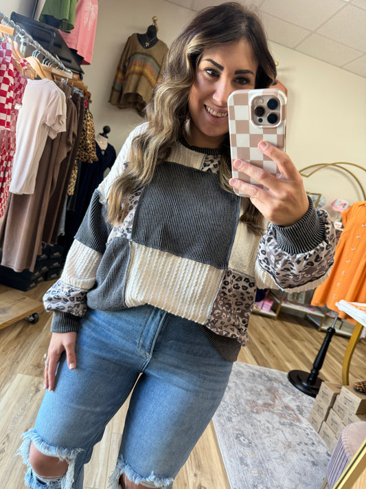 Grey/Leopard LS Top