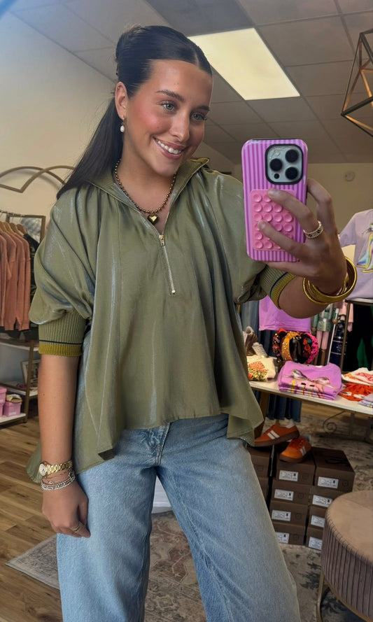 Green Shimmer Half Zip Top