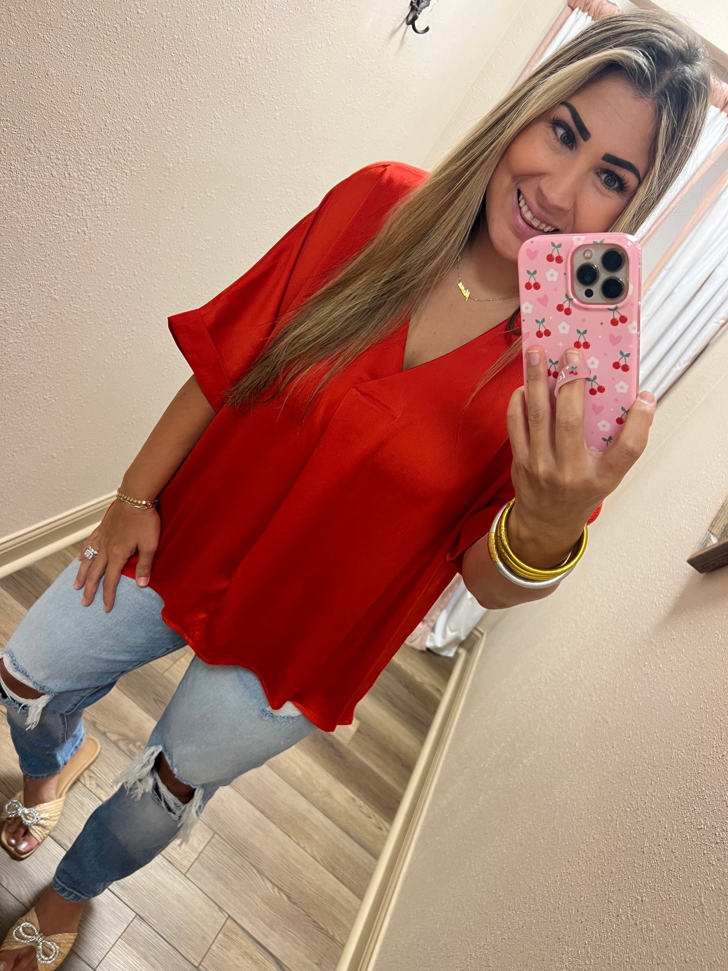 Red V-Neck Silky High Low Top