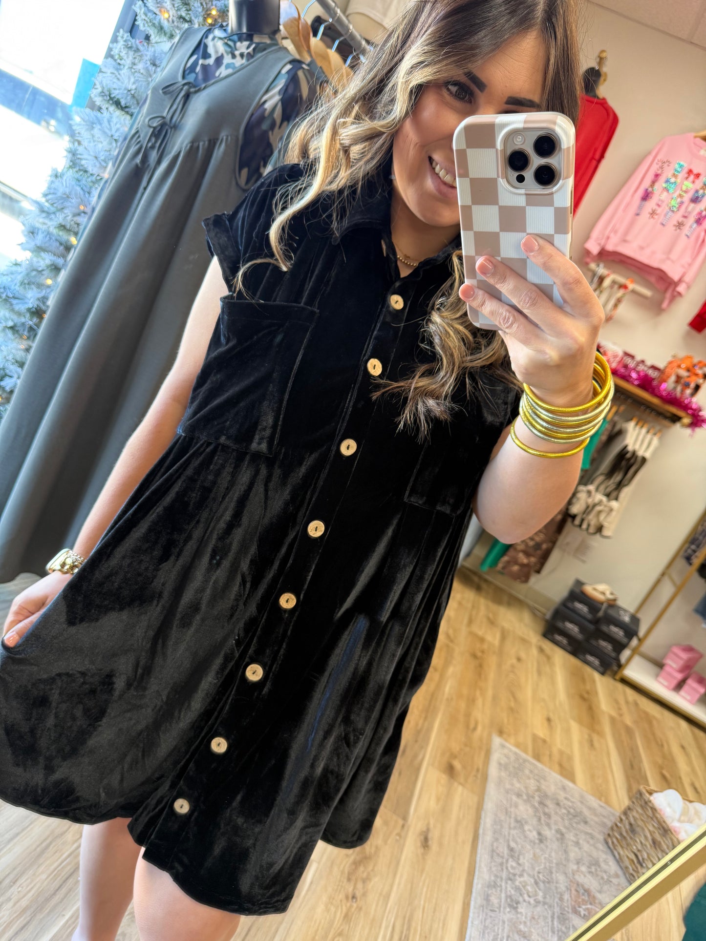 Black Velvet Button Dress