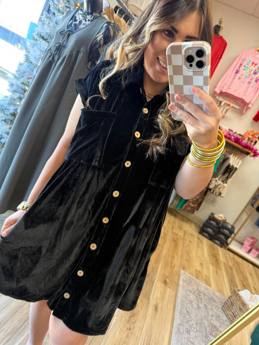 Black Velvet Button Dress