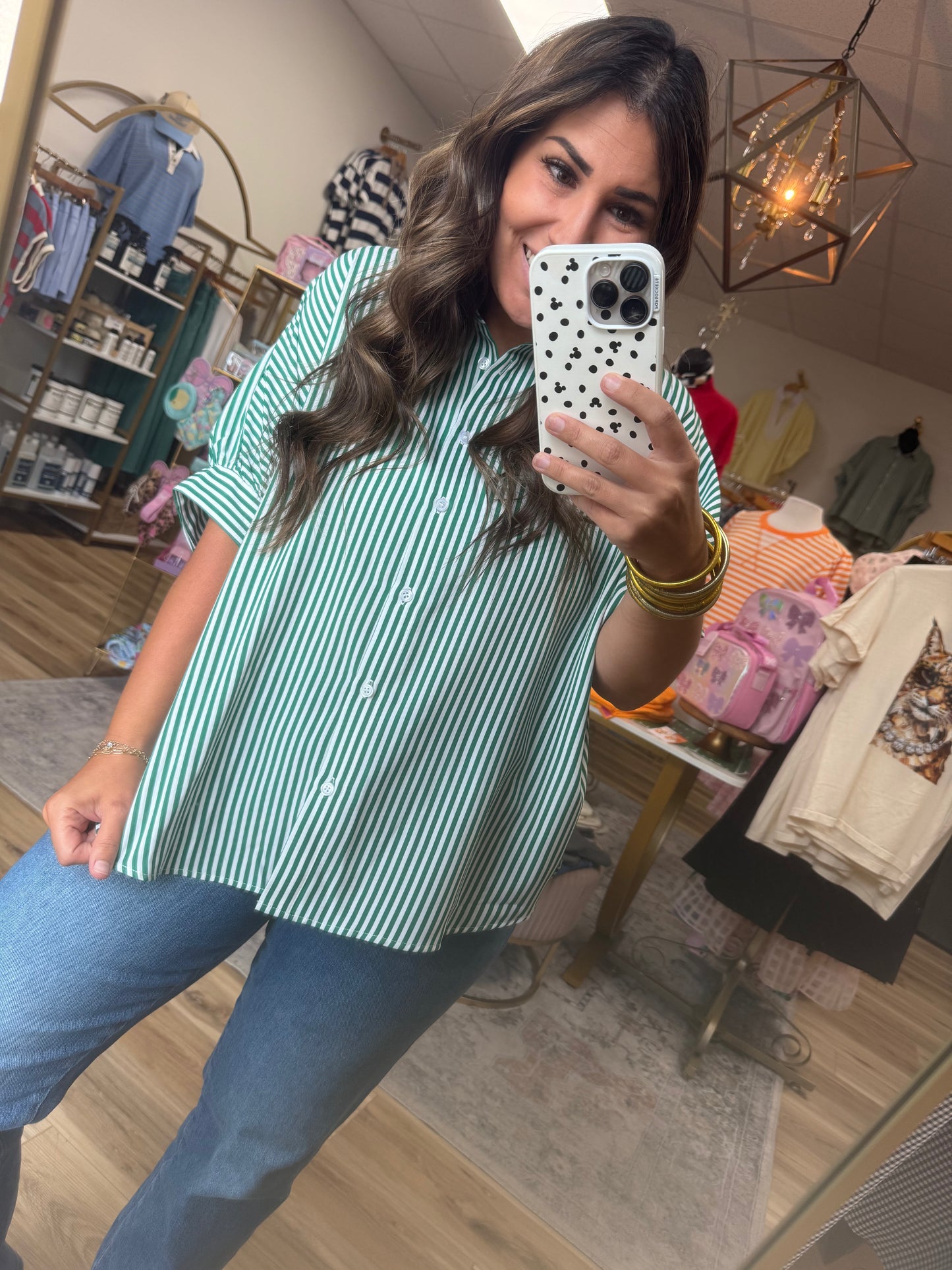 Green/White Stripe Button Down