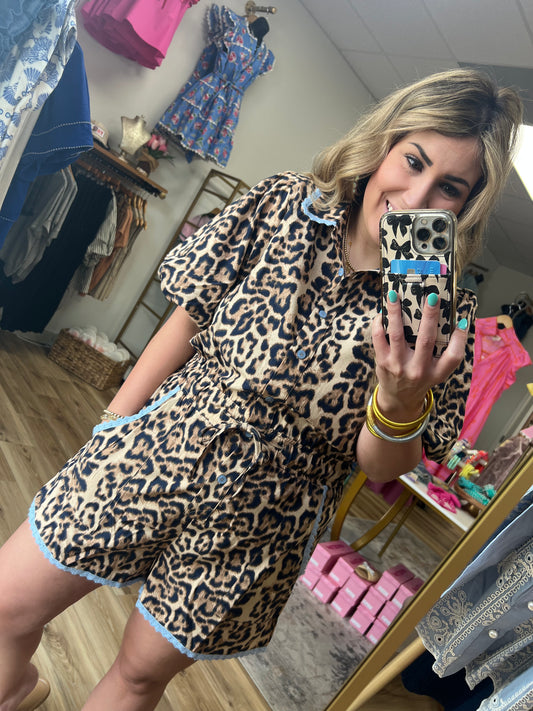 Leopard/Blue Trim Romper