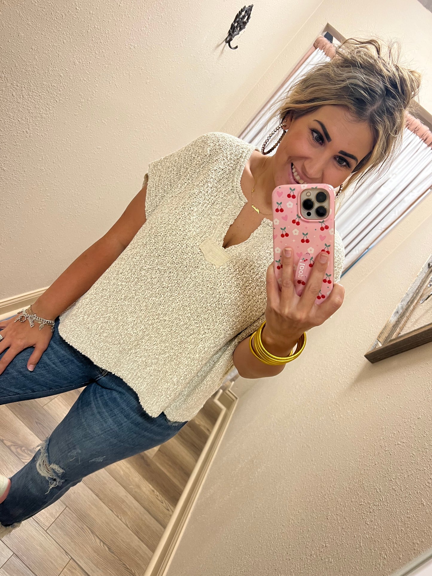 Cream Knitted V-Neck Top