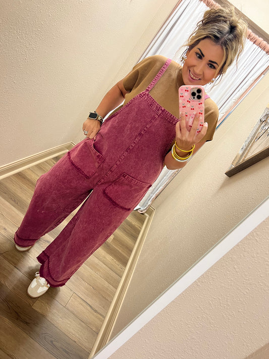 Deep Magenta Acid Wash Overalls