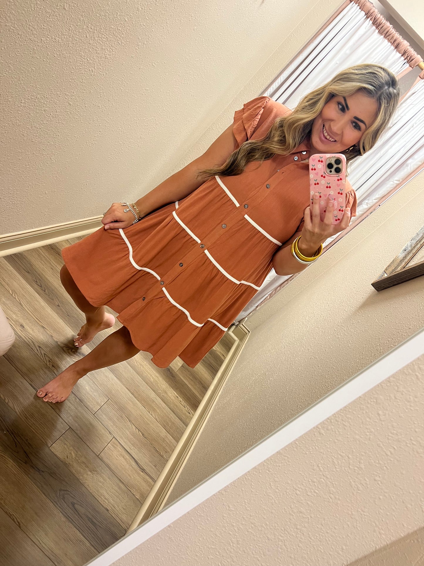 Cinnamon Tiered Ruffle Sleeve Dress