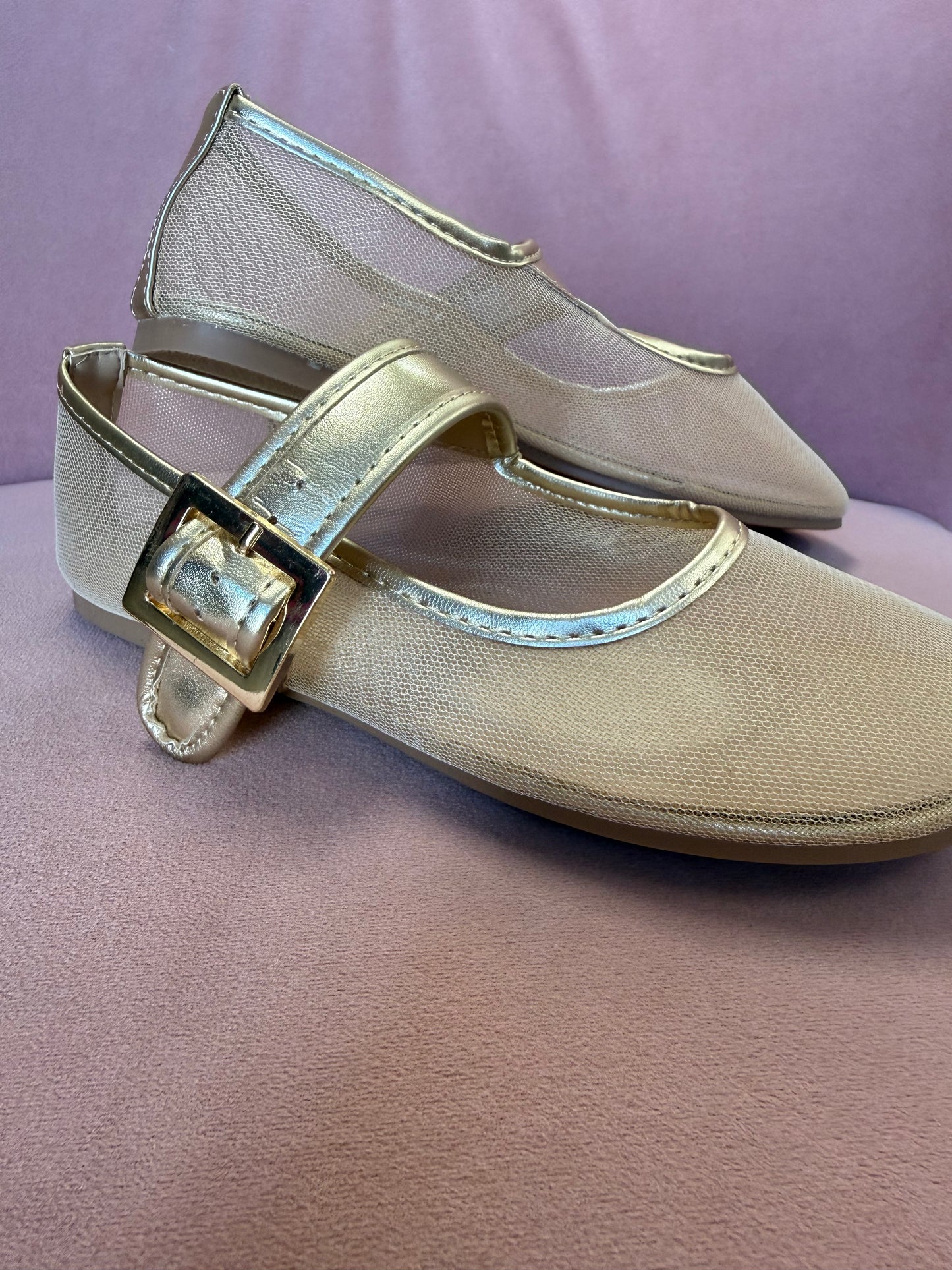 Gold Buckle Mesh Mary Jane Flats