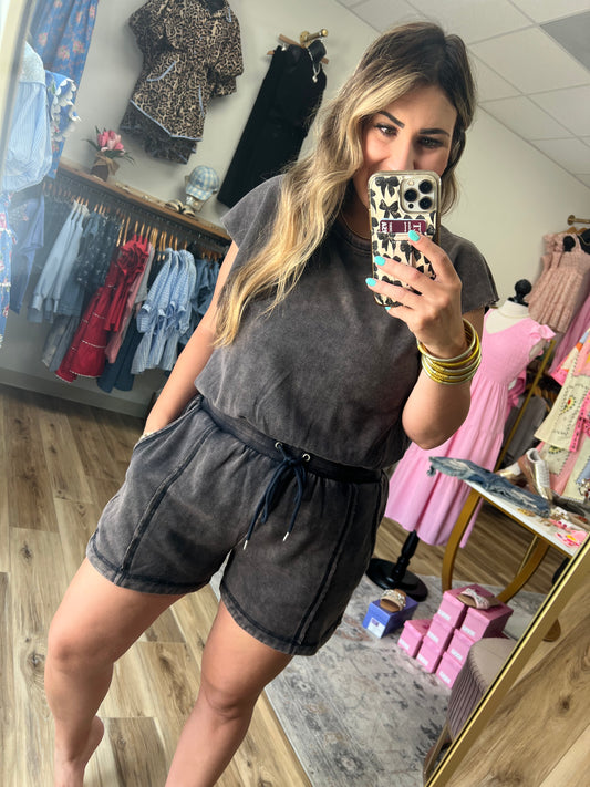 Black Acid Wash Open Back Romper