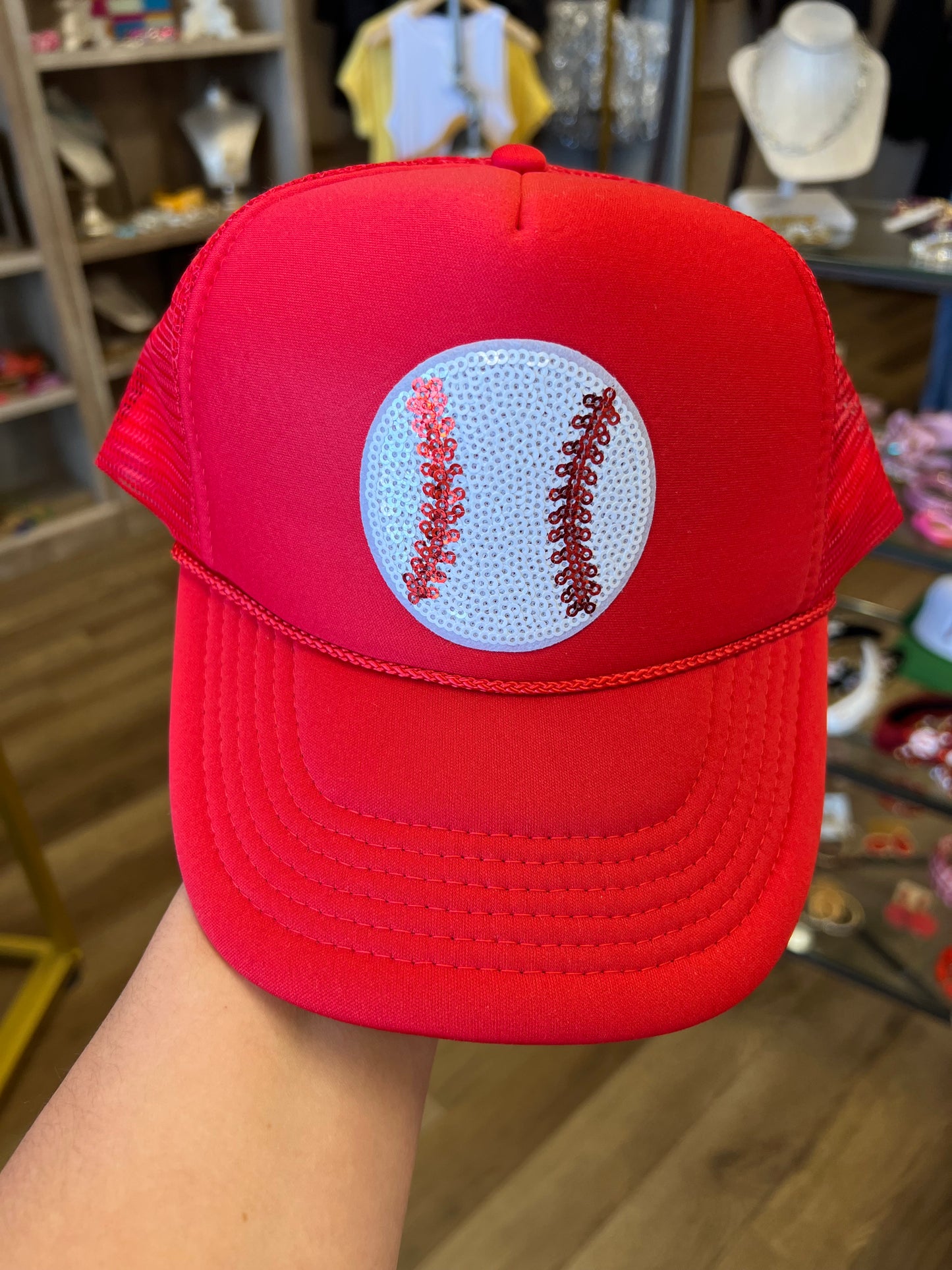 Red Sequin Baseball Trucker Hat