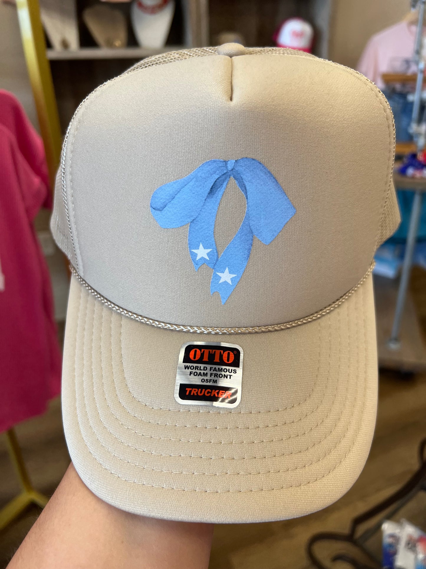 Tan/Blue Bow Trucker Hat